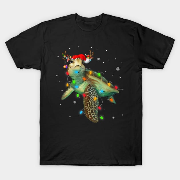 Sea Turtle Christmas Lights Funny Santa Hat Merry Christmas Pajamas T-Shirt by taluswink